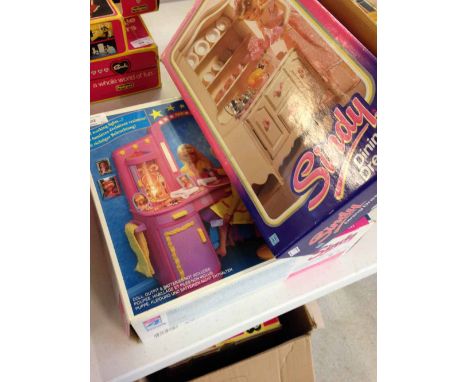Sindy by Hasbro boxed 'Light n Sounds' Vanity Set (some accessories missing) together with a Sindy Dining Dresser with teaset