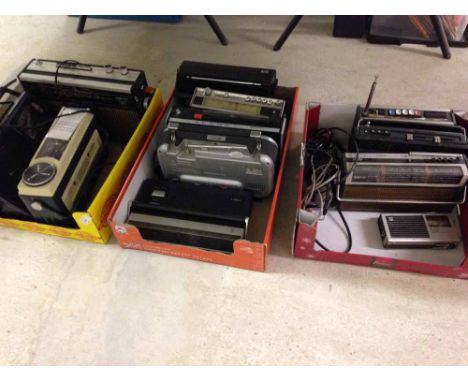 3 boxes containing 12 vintage and modern radios to include PYE, Ferguson and Philips.