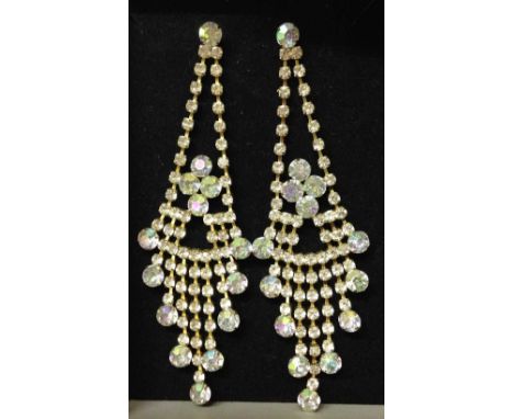 Pair of large costume jewellery earrings, set with vintage aurora borealis diamante stones.