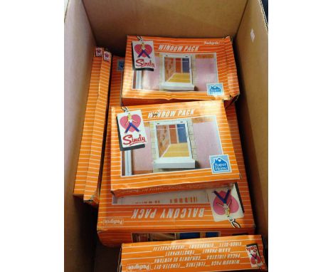 Box of vintage Pedigree Sindy 'Super Home' house packs including 3 Window Packs #44436, 2 Balcony Packs #44434 & 2 Door Packs