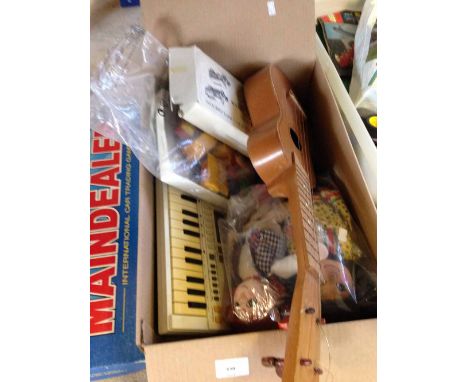 A box of mixed toys to include Rosie & Jim rag dolls and a Casio PT-30 organ