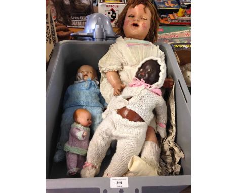 A box containing 4 dolls: An 8" Armand Marseille doll, bisque head marked AM Germany 351./4/OK; a 16" vintage doll with compo