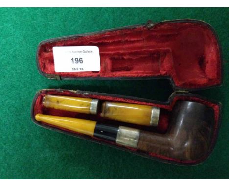 Vintage cased smoking set with hallmarked silver rimmed/banded amber pipe, cigar holder and cigarette/cheroot holder