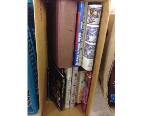 A box of antique reference books to include English Delftware