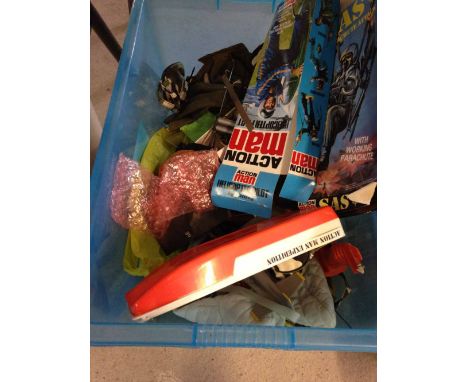 A box of Action Man dolls, clothes & accessories