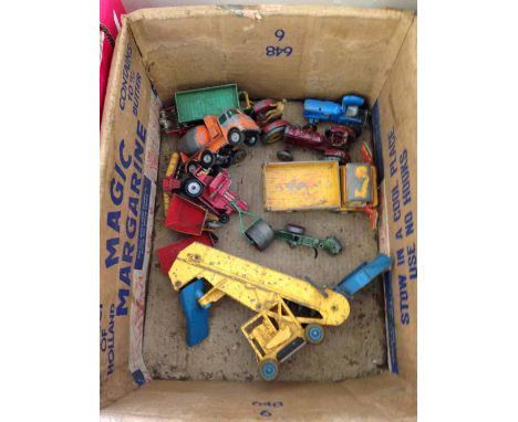 A box of playworn diecast farm and construction vehicles and implements, to include Dinky #964 Elevator Loader, Corgi and Bri