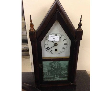 Antique Wm L Gilbert 30-hour American mantle clock c.1870. Glass door with scene of "Ballston Springs". In working order