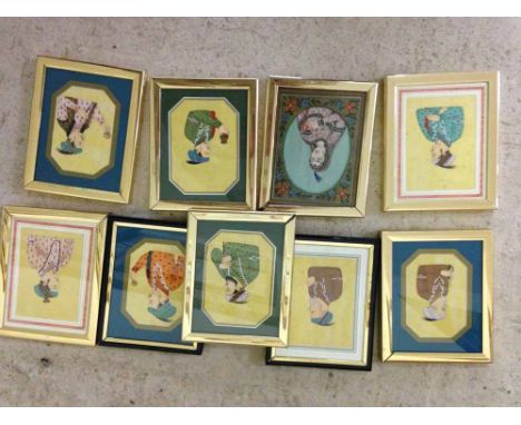 9 x vintage framed & glazed Indian portraits miniatures in modern frames - watercolours, 13x11cm
