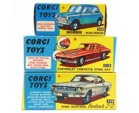 THREE EMPTY CORGI MODEL BOXES  circa 1960s, comprising those for a No.226, Morris Mini-Minor; No.310, Chevrolet Corvette Stin