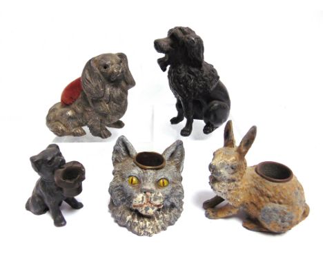 ASSORTED METALWARES including a cast metal alloy pin cushion in the form of a seated spaniel, 10cm long; and a painted spelte