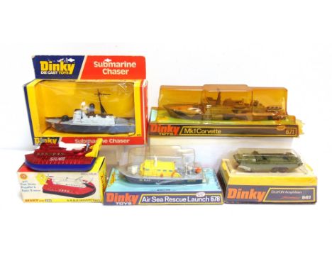FIVE ASSORTED DINKY DIECAST MODELS  comprising a No.290, S.R.N.6 Hovercraft, metallic red with a blue 'cushion', near mint, b