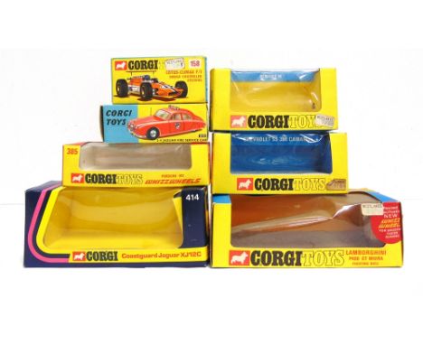 SEVEN EMPTY CORGI MODEL BOXES  circa 1960s-70s, comprising those for a No.213, Jaguar 2.4 Fire Service Car; No.158, Lotus Cli