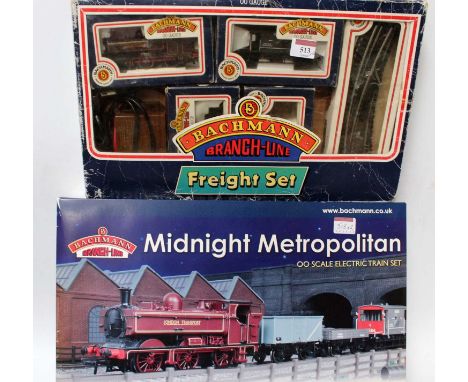 Bachmann 'Midnight Metropolitan' train set containing London Transport pannier tank engine No. L90, three wagons, track oval,