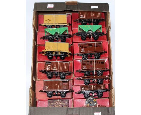 Large tray of 13 Hornby post war LMS wagons:- two each hopper, Insul-Meat, goods brake, cattle and one each goods van, low si
