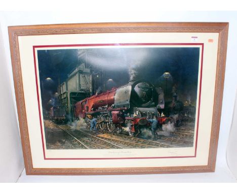 A framed and glazed Cuneo print ' Duchess of Hamilton', an engine shed scene, landscape, 39"x29" approx, limited edition prin