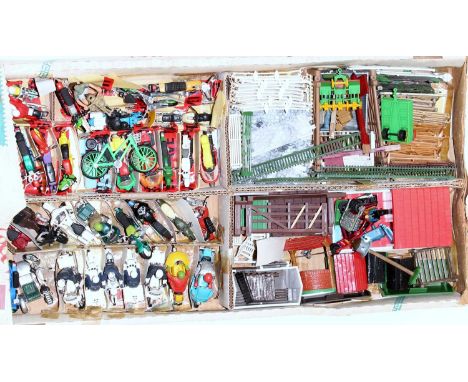 One tray of various Britains and similar plastic and diecast vehicles, motorcycles and farming accessories, to include Britai