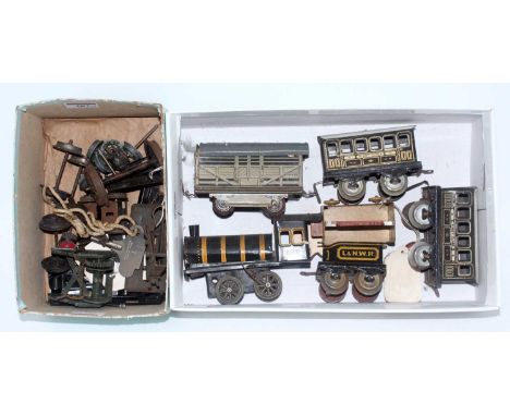 Mixed delve including Brimtoy L&amp;NWR 0-4-0 locomotive and tender, 2 coaches to match, tinplate LMS platform trolley (G), v
