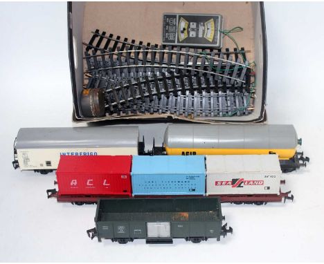 Selection of Lima items includes continental outline tank wagon, open wagon container wagon with 4 containers, oval of track 