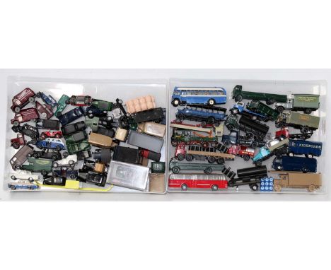 Two plastic trays containing approx 50 kit built 00 gauge road vehicle metal/other material, painted, overall (VG) includes t