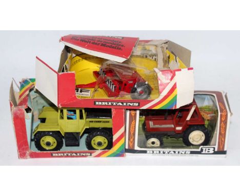 A Britains boxed tractor and farm implement group to include No. 9525 Mercedes Benz tractor, a 9528 Fiat 880 DT tractor, and 