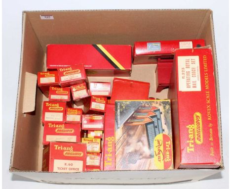 Box containing Triang and Hornby scenic items, Triang R60, R61, R62, R076 buildings (FG-BG), R323 TPO set with coach only (G-