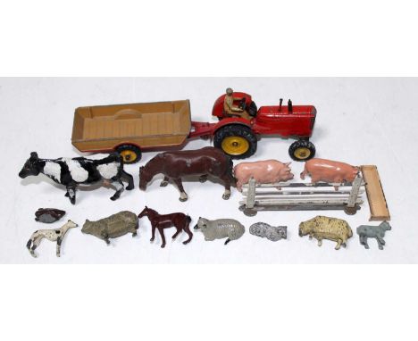 A small farmyard comprising 12 animals (cow/horse/pigs/sheep/dog), some Britains (VG), with Dinky toys - Massey Harris tracto