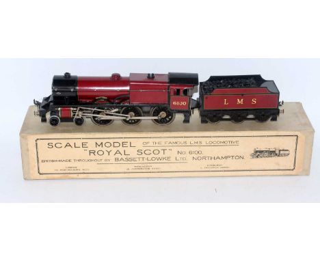 A Bassett-Lowke 8V DC electric maroon Royal Scot engine and tender, touching-in evident on tender buffer beam, coal added to 