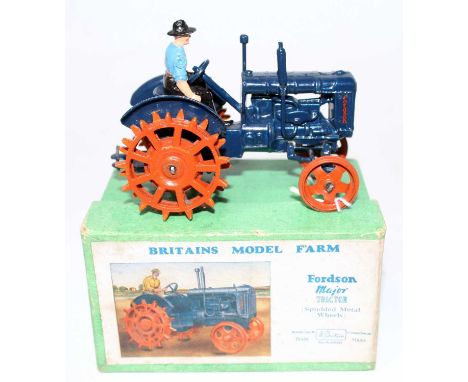 A Britains model farm series No. 127F Fordson Major tractor comprising of blue body with orange spudded metal wheels with dri