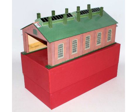 A very well made neat and tidy repro Hornby No. 2 engine shed, wood and card, computer generated printing. No doors or base, 