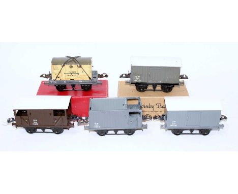Five Hornby wagons all appear to have been repainted and one item fitted with replica automatic couplings, one GWR brake van 