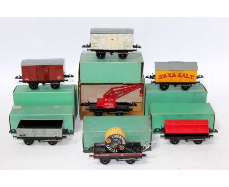 Seven Hornby no. 50 wagons, 1957 onwards, all in green boxes, light corrosion on some brake levers:- Saxa, refrigerator, good