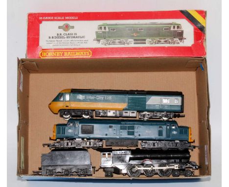 Mixed Triang and Hornby delve;  early black Princess engine and tender (G) BR blue/grey HST driving trailer car (G) BR blue c