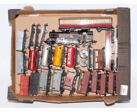 Tray containing Hornby Dublo 3-rail standard tank engine no. 80054, minor loss to lining (G) Gresley red/cream brake coach an