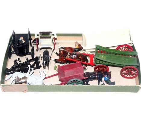 One tray containing a quantity of various Britains and modern release white metal and diecast farming horse-drawn implements 