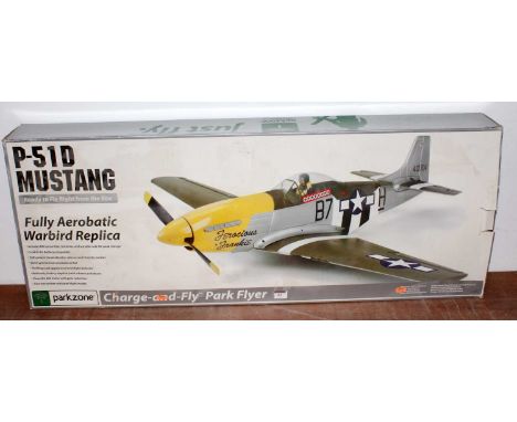 A Park Zone ready-to-fly model of a P51 D Mustang, including FM transmitter batteries, fully proportional elevator, power 480