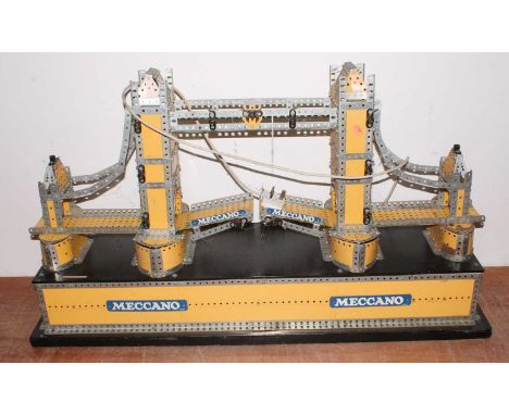Meccano window display model, illuminated 'Tower Bridge', badly in need of cleaning, some corrosion and electric light bulbs 