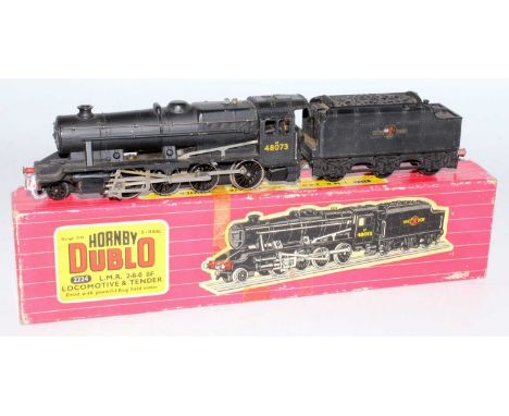A Hornby Dublo 2224 LMR 2-8-0 class 8F engine and tender no.48073, minor paint loss to raised edged, model in a repair box (G