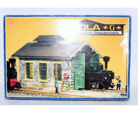 A Pola G scale boxed kit built model of an engine shed housed in the original card boxCondition report: As far as we can tell