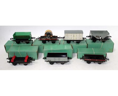 Post war Hornby No. 50 wagons:- McAlpine side tipper, low sided with cable drum; refrigerated van, hopper, lumber and open wa