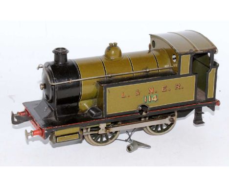 A Bassett Lowke gauge 1 0-4-0 clockwork locomotive, London &amp; North East Railway renumbered 114, finished in olive green, 