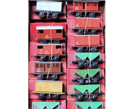 Large tray containing 13 post war Hornby wagons:- two each NE goods, brake, NE goods van, one each NE and LMS cattle, NE refr