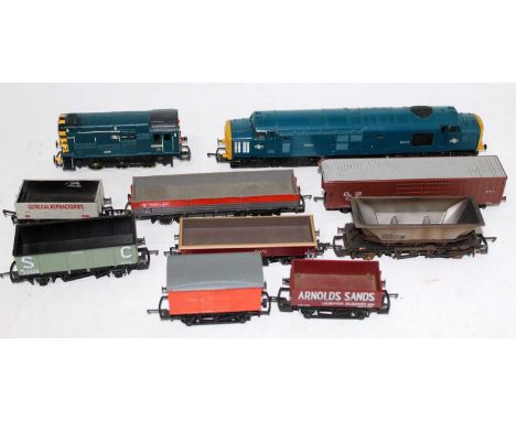 A Hornby R751 class 37 diesel locomotive in BR blue no. D6830 (G), a Lima class 08 diesel shunter in BR blue with NSE logo no
