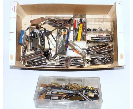 One box containing a quantity of various miniature steam engineering tools to include milling machine accessories, drill piec