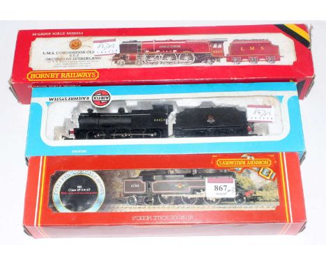 Airfix Fowler 4F goods engine and tender, Hornby R062 Fowler 2-6-4 tank engine both BR black, both (NM-BNM) and an R066 LMS r