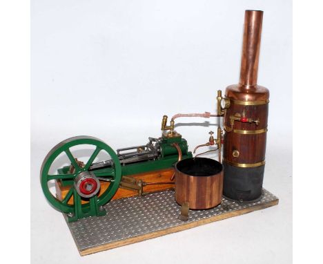 A fine model of a Stuart Turner Victoria Mill Engine mounted on wood and metal baseplate with copper boiler and water tank, f