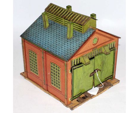 Hornby 1928-33 engine shed with yellow-cream base, yellow ridge tiles, inside of doors printed - various chips &amp; scratche