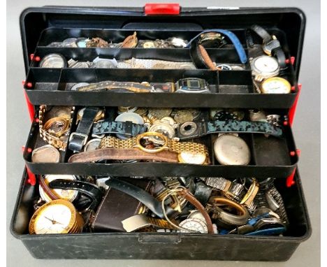 A box of various watches and watch parts to include a pocket watch hallmarked silver case, Sanyo, Swiza, Service, a Dalvey tr