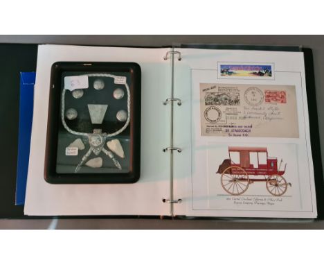 An album of early Wild West - Native Indians postcards, covers, stamps and a cased Navaho necklace, buttons and arrow heads. 