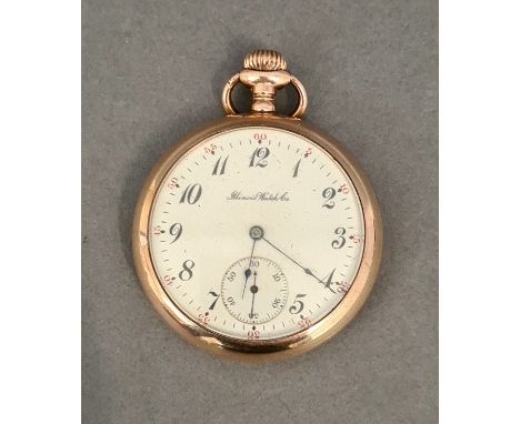 A gold plated Illinois Watch Co pocket watch.Condition:- General wear through age and use, light scratches to glass, no sign 