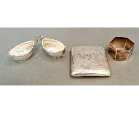 A collection of hallmarked silver items including cigarette case, napkin ring and two salts/ condiment dishes, various marks,